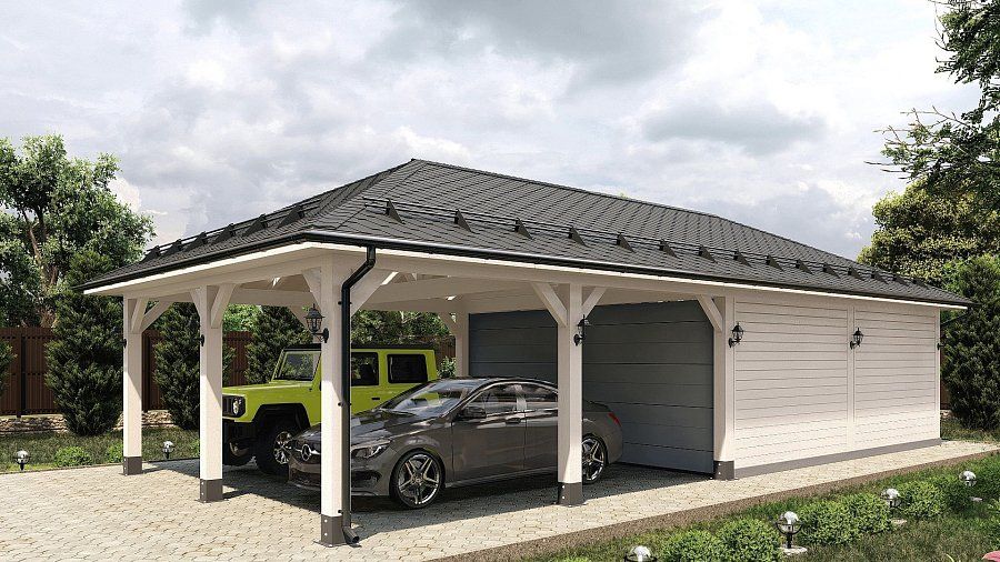 Гараж вальмовый с навесом и двумя въездами Глазово