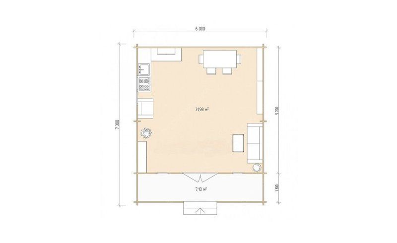 Садовый дом серия ДСК 6×6 с навесом 1,5м. и крыльцом 1,3м.
